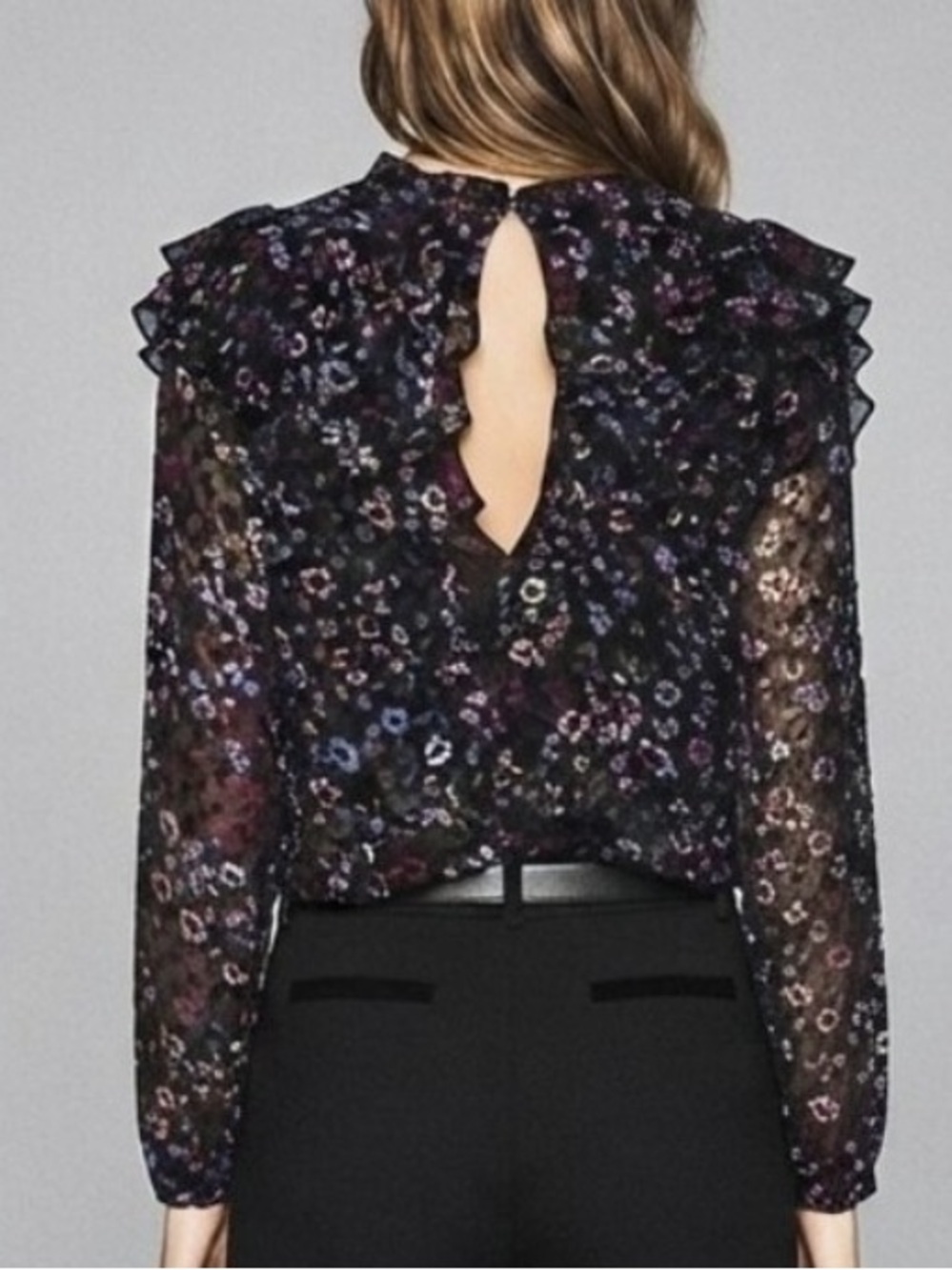 Reiss Black Sheer Floral Ruffle Blouse with Pink and Purple Accents
